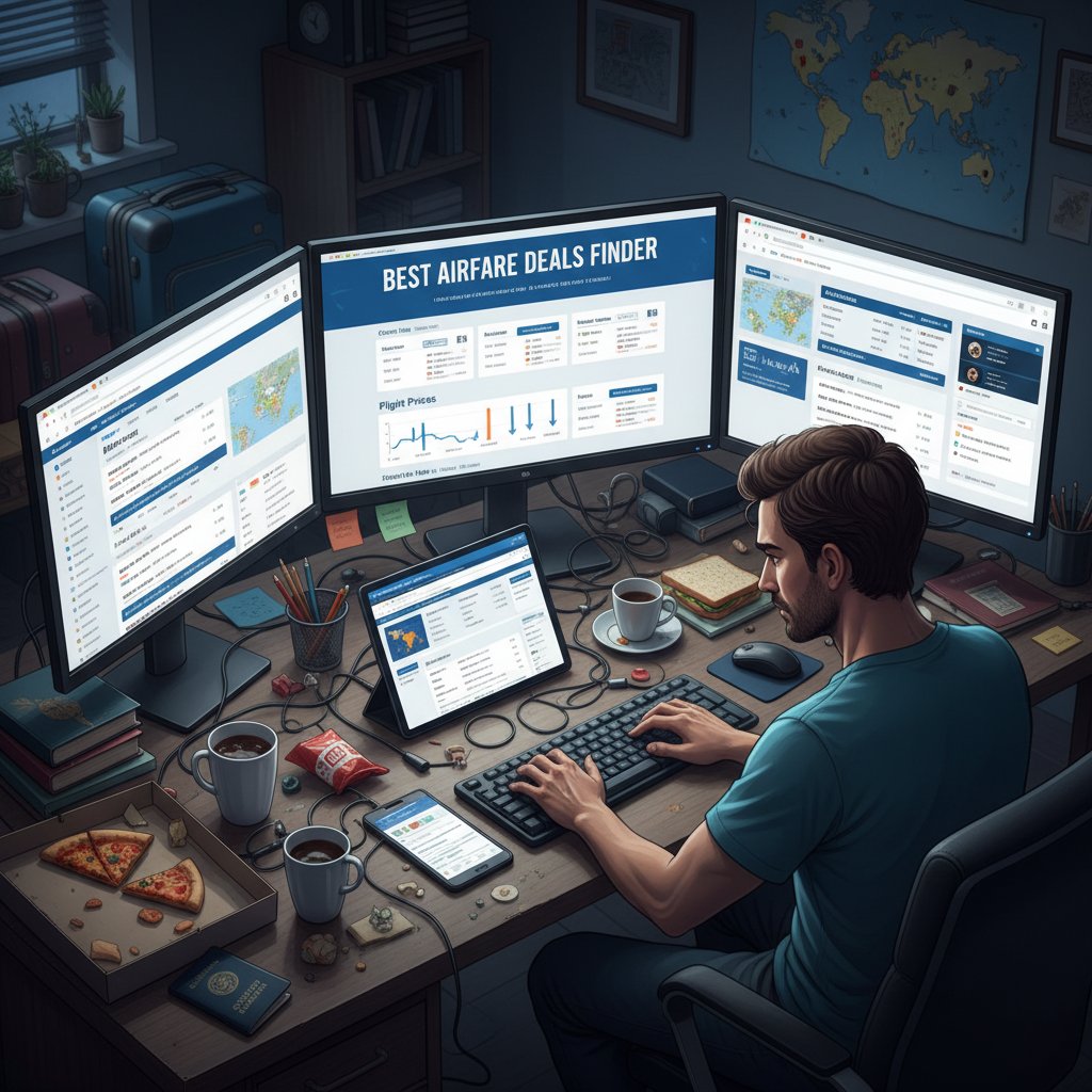 Anxious traveler with multiple devices comparing flight prices in a cluttered home office, best airfare deals finder anxiety