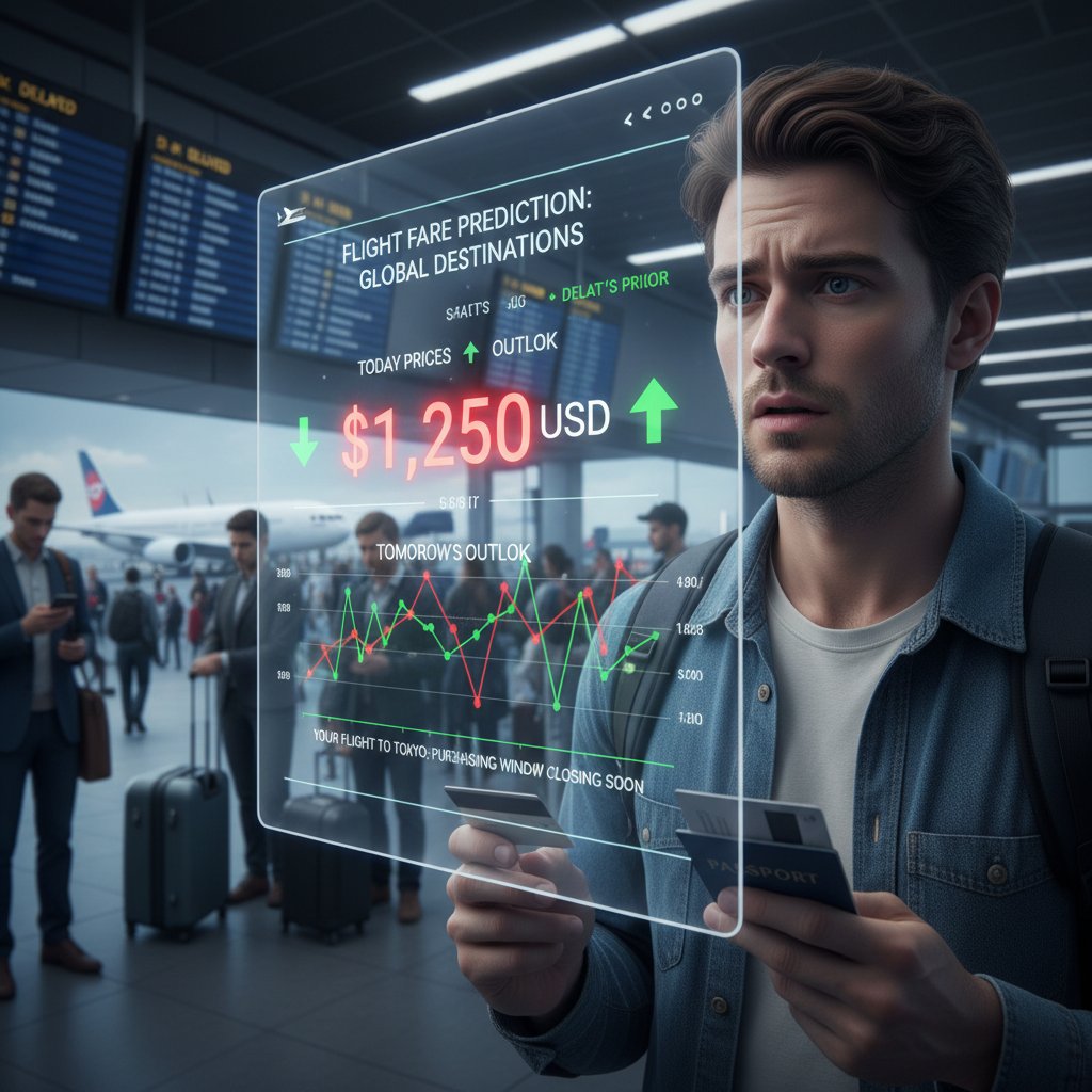 Anxious traveler watching a fluctuating price chart on their phone at an airport gate, visualizing flight fare prediction stress