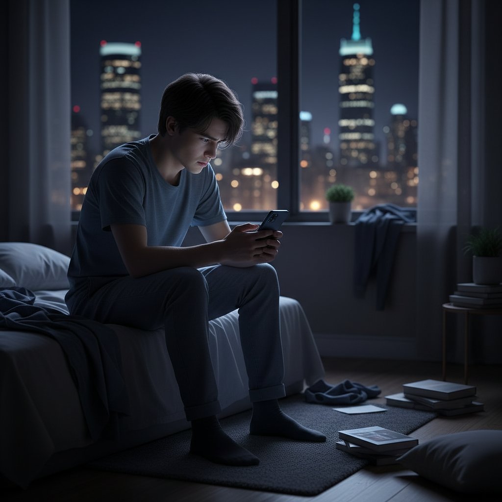 Młoda osoba zaniepokojona w łóżku, noc, światła miasta, ekran telefonu
