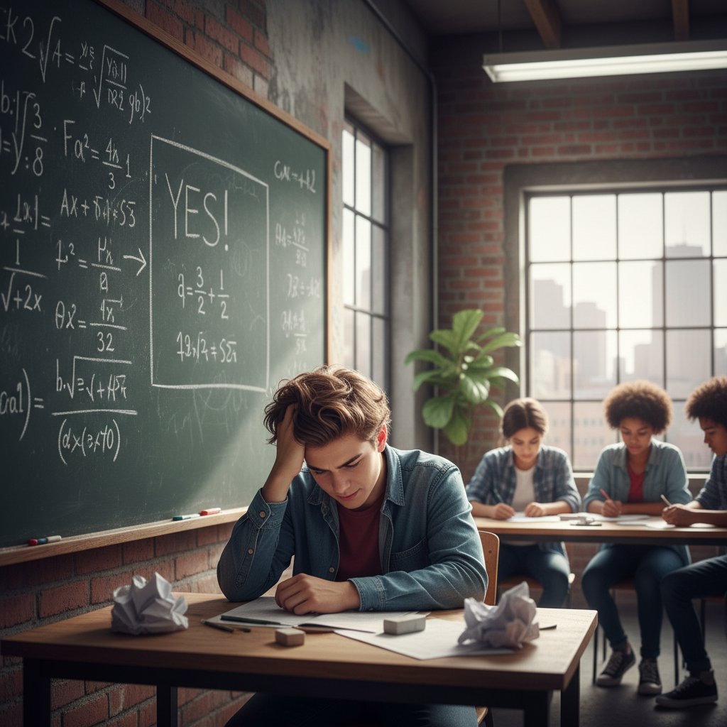 Portret młodej osoby patrzącej z niepokojem na tablicę pełną równań matematycznych; motywacja: stres i pokonywanie porażek