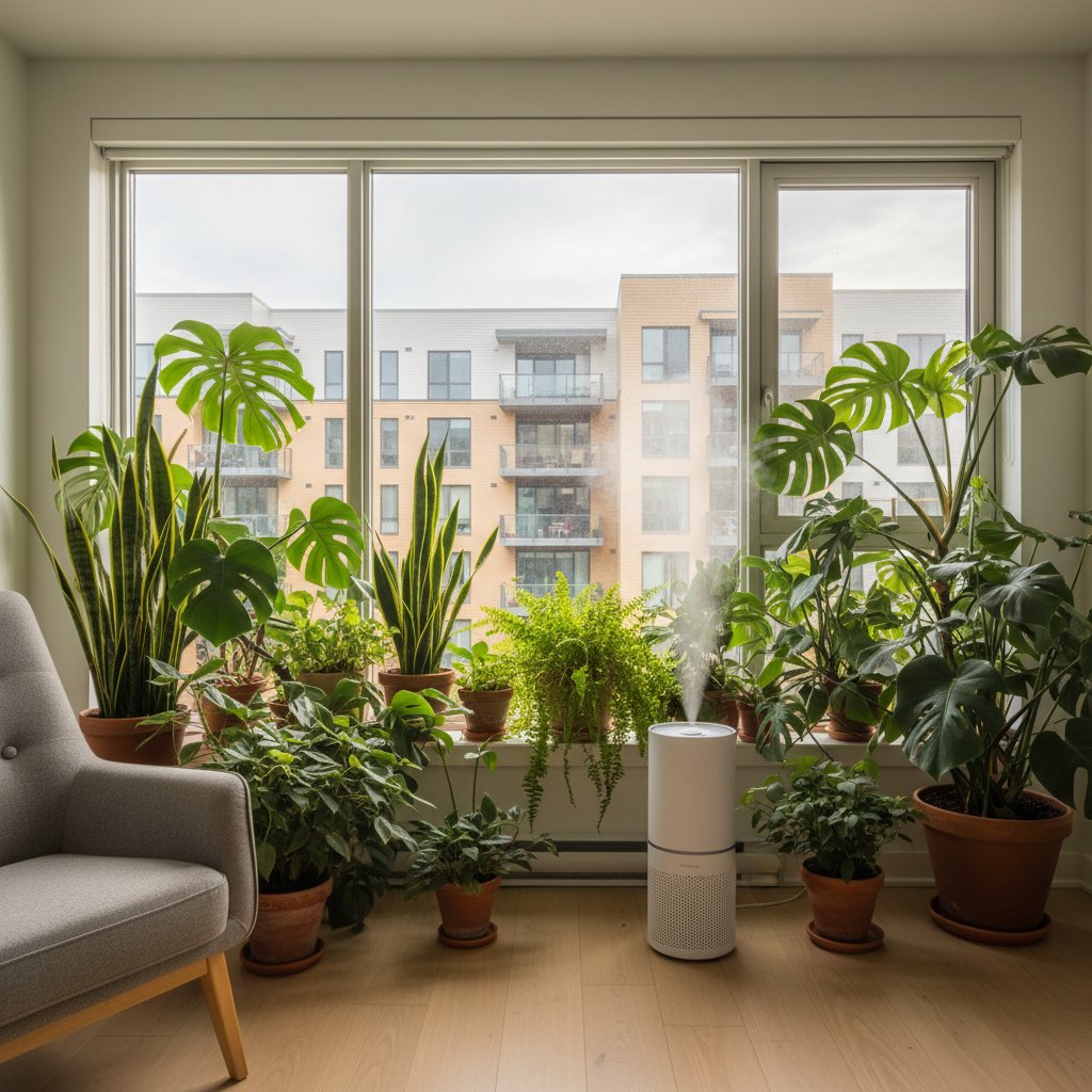 Mieszkanie w bloku z roślinami, wilgotność, nawilżacz powietrza