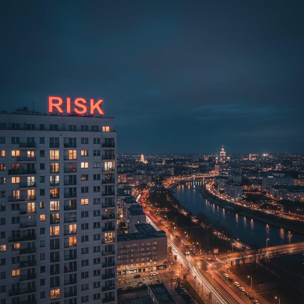 Mieszkanie w wieżowcu nocą, światła Warszawy – studium przypadku ryzyka inwestycyjnego