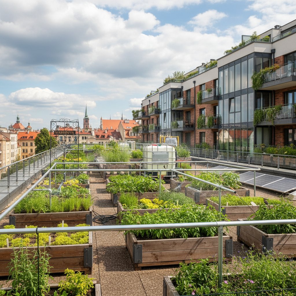 Mieszkańcy bloku pielęgnujący wspólny ogród z automatycznym nawadnianiem