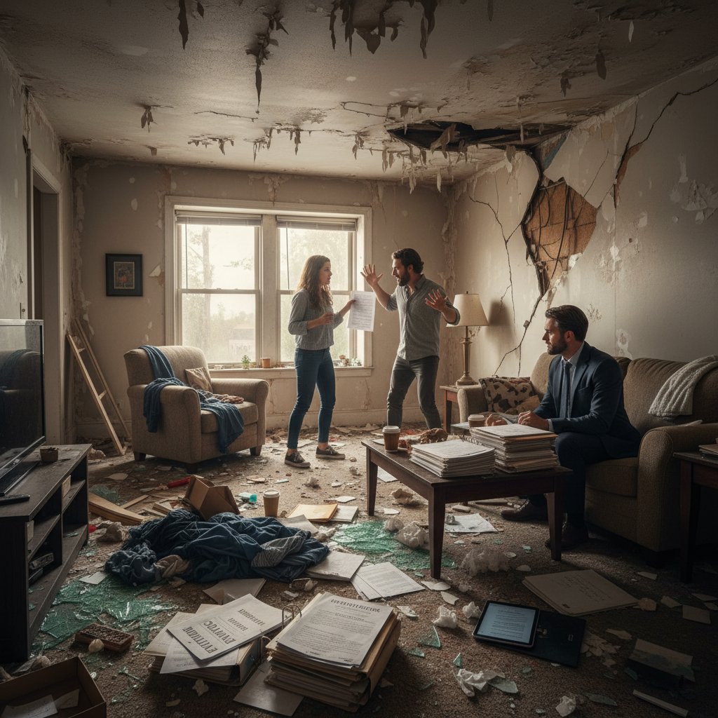 Mieszkanie po sporze najemca-wynajmujący – zniszczony lokal, dokumenty na podłodze