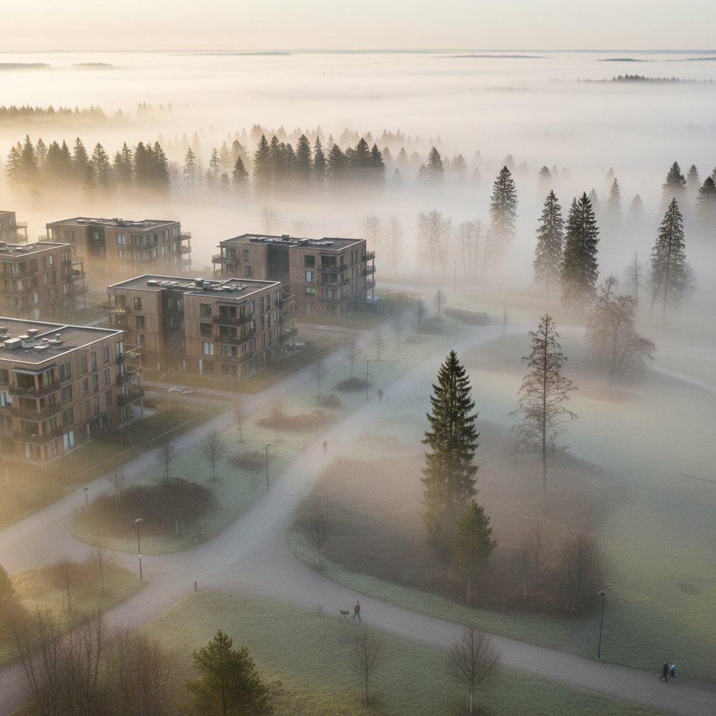 Apartament z widokiem na park leśny w Polanicy-Zdroju, poranna mgła, styl skandynawski