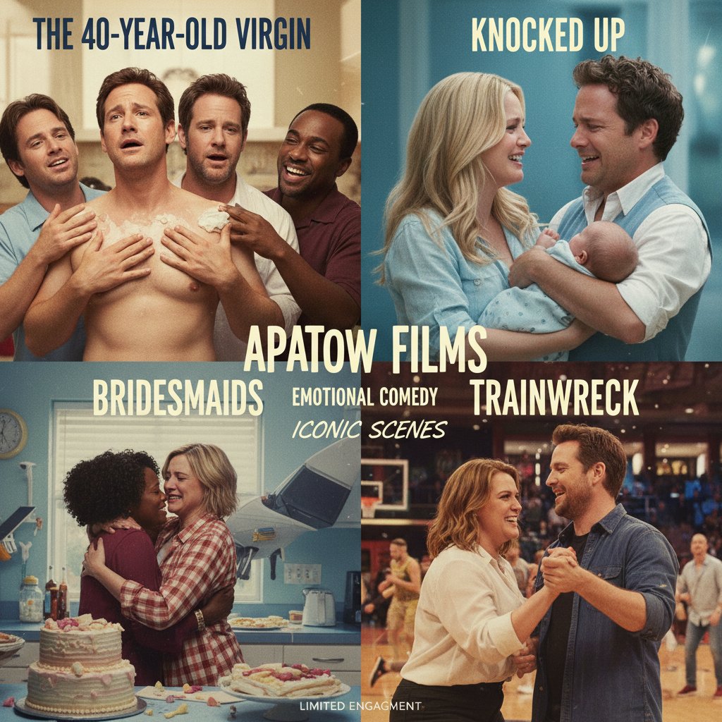 Cinematic montage of iconic scenes from Judd Apatow movies and emotional comedy moments