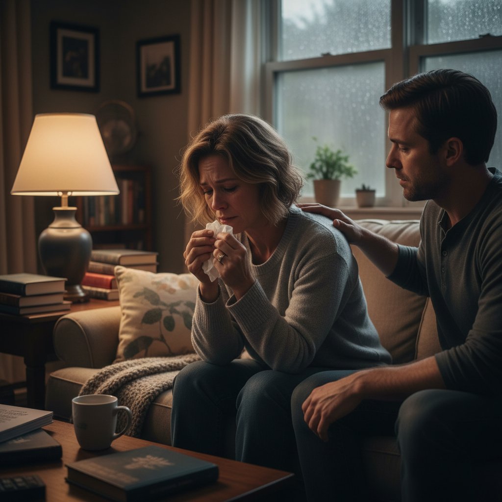 Lead characters in emotional scenes from Judd Apatow movies, domestic settings, dramatic soft lighting