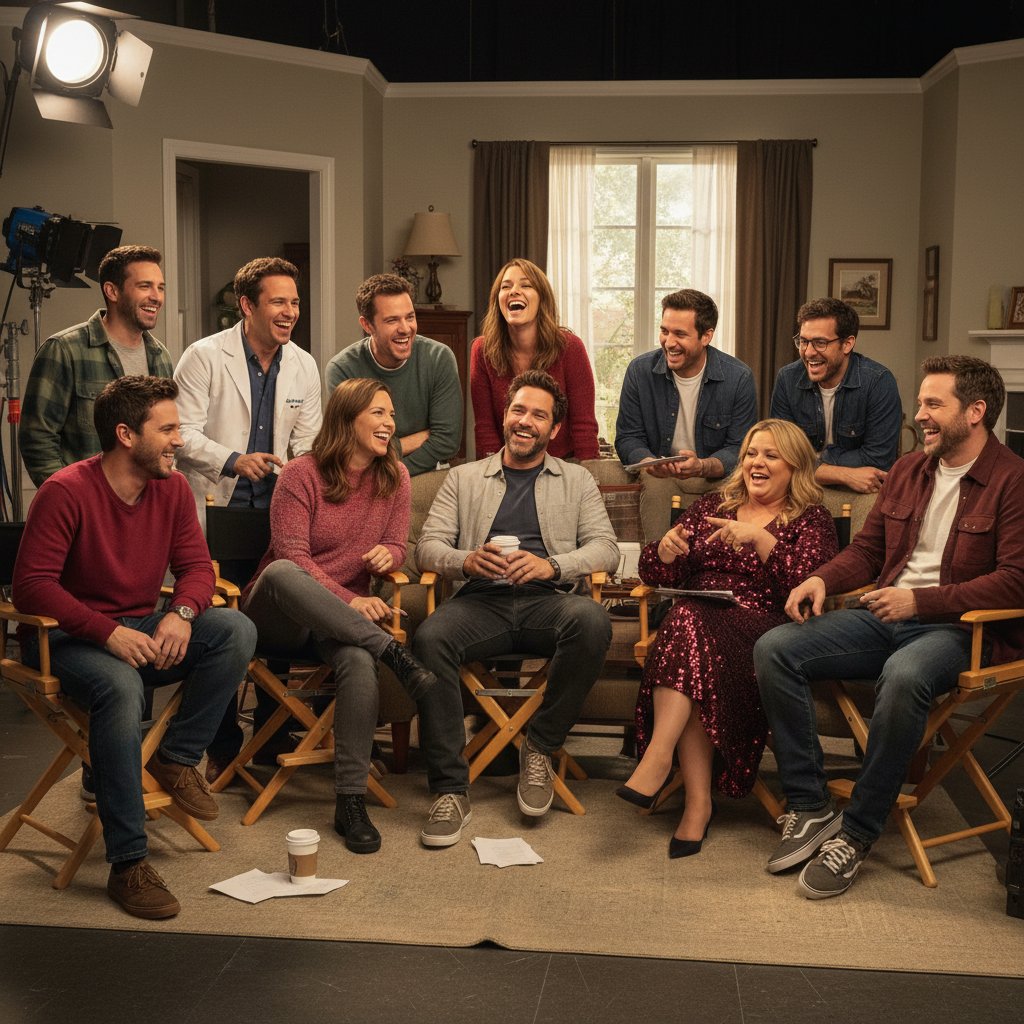 Group portrait of recurring Apatow cast, informal gathering on film set, relaxed camaraderie