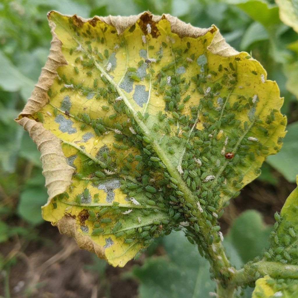 Duże zbliżenie na liść pokryty mszycami, z wyraźnymi deformacjami, ostre światło, ogród w tle
