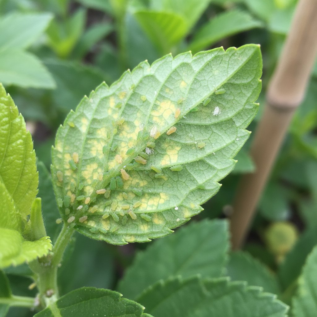 Liść z pierwszymi objawami ataku mszyc, wyraźne żółknięcie i spadź