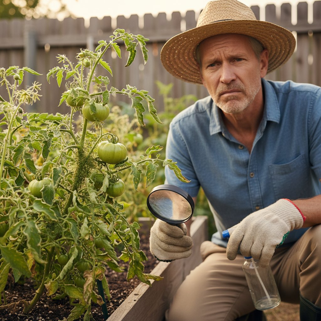 Klęska ekologicznego ogrodu: zniszczone przez mszyce pomidory, rozczarowana ogrodniczka