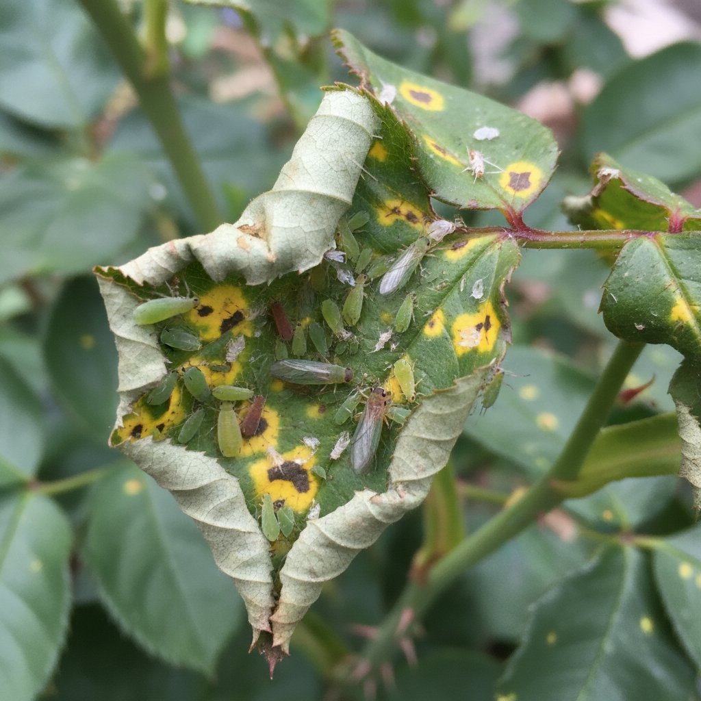 Zbliżenie na liść zaatakowany przez mszyce i ślady po żerowaniu szkodników