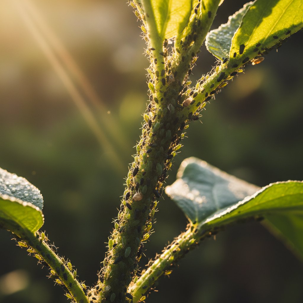 Makro zdjęcie mszyc na łodydze rośliny - skuteczna walka z mszycami w ogrodzie