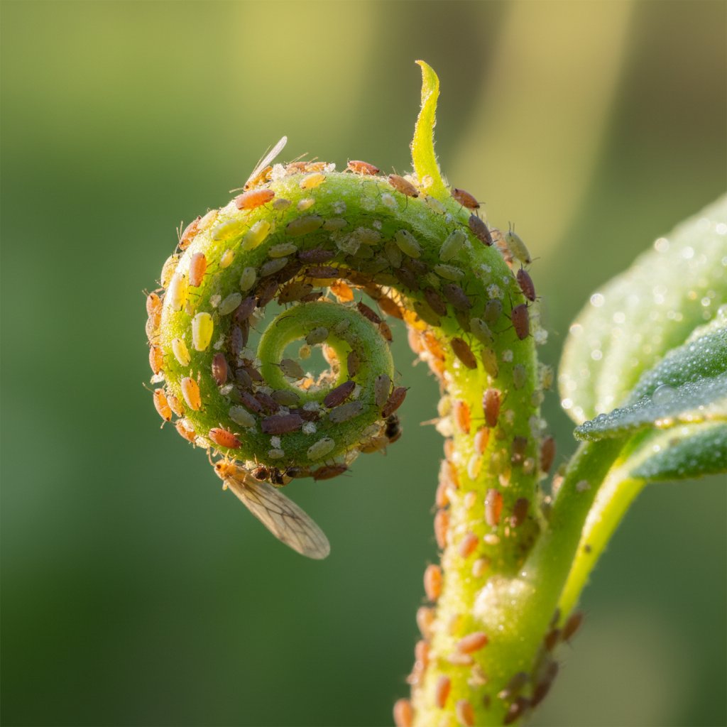 Mszyce na młodym pędzie rośliny ogrodowej, makro, wiosna