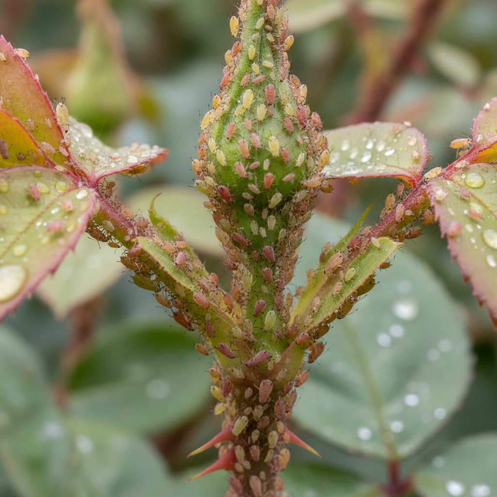 Makro zdjęcie mszyc atakujących młody pęd różany