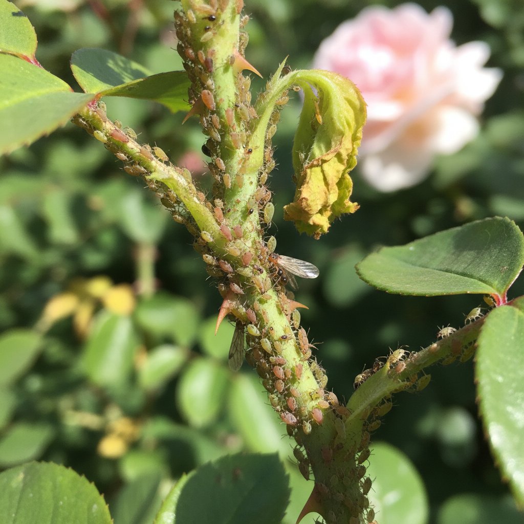 Zbliżenie na mszyce żerujące na młodych pędach róży w ogrodzie