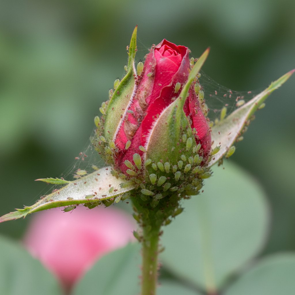 Mszyce na pąku róży i pajęczynki przędziorków – szczegółowe zdjęcie
