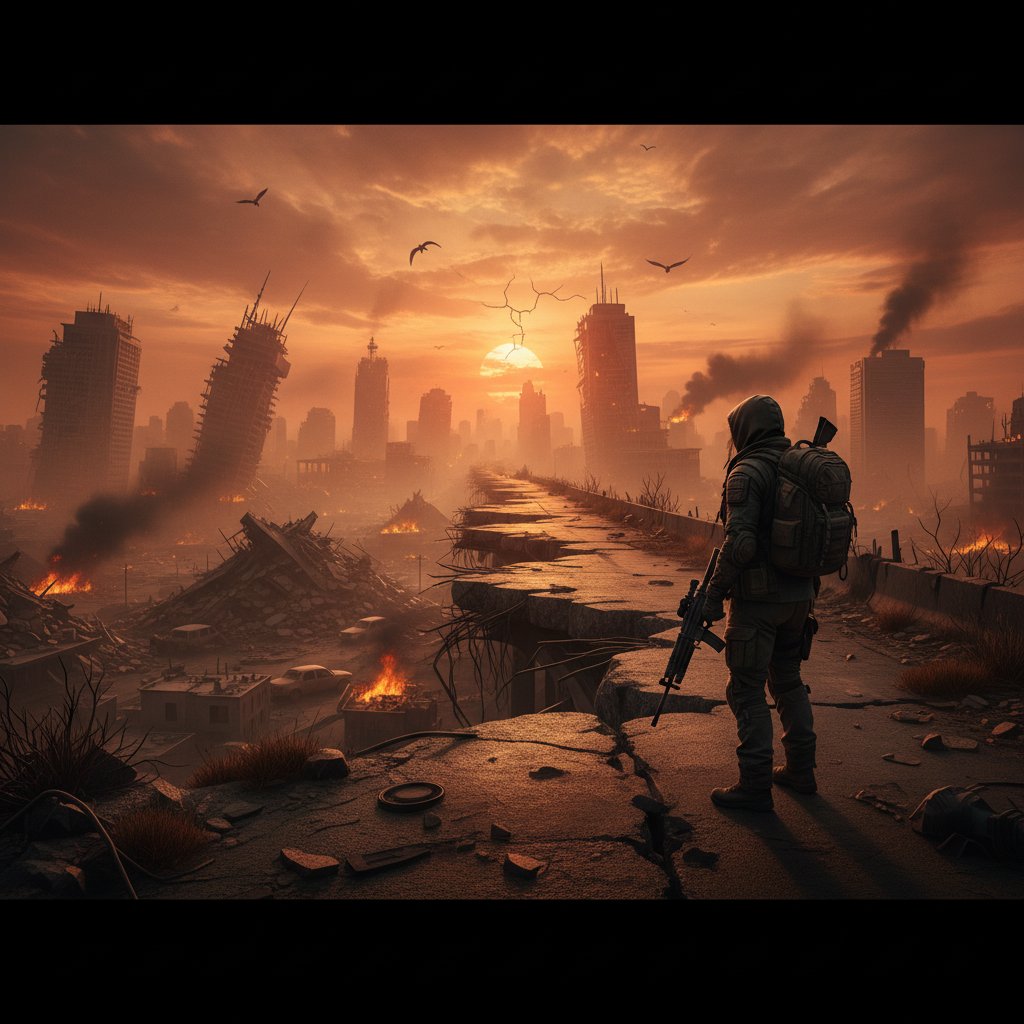 Montage of apocalyptic survival movie moments with ruined cities and lone survivors