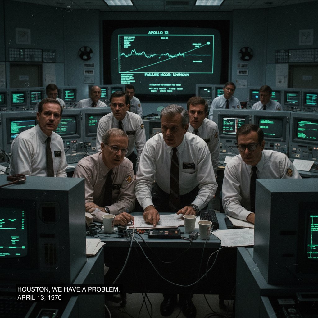 Apollo 13 mission control scene, tense collaboration on a 90s film set, high drama with realistic detail