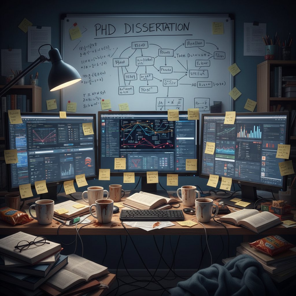 Photo collage of productivity app dashboards with sticky notes and coffee mugs, showing real PhD workflow chaos