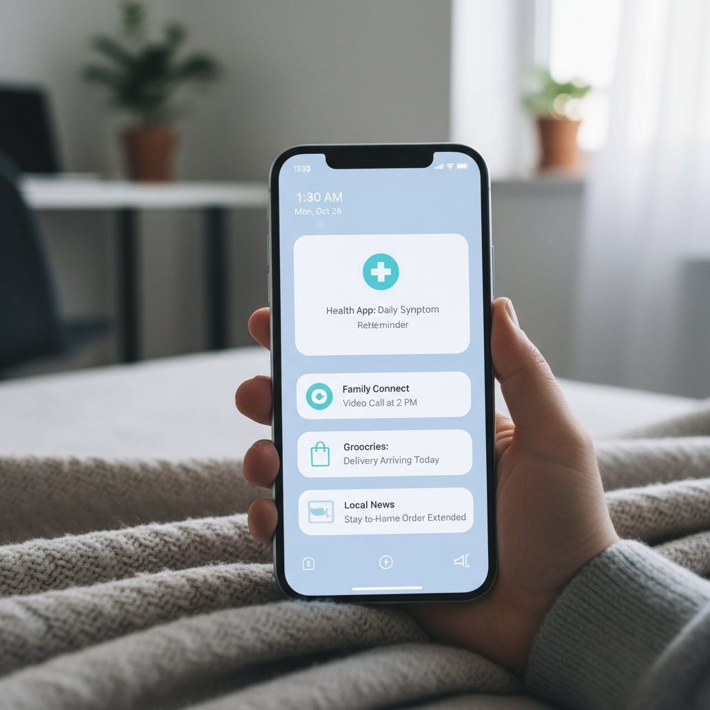 Powiadomienia aplikacji astmy podczas kwarantanny, użytkownik w domowej izolacji, jasne światło, nowoczesny interfejs