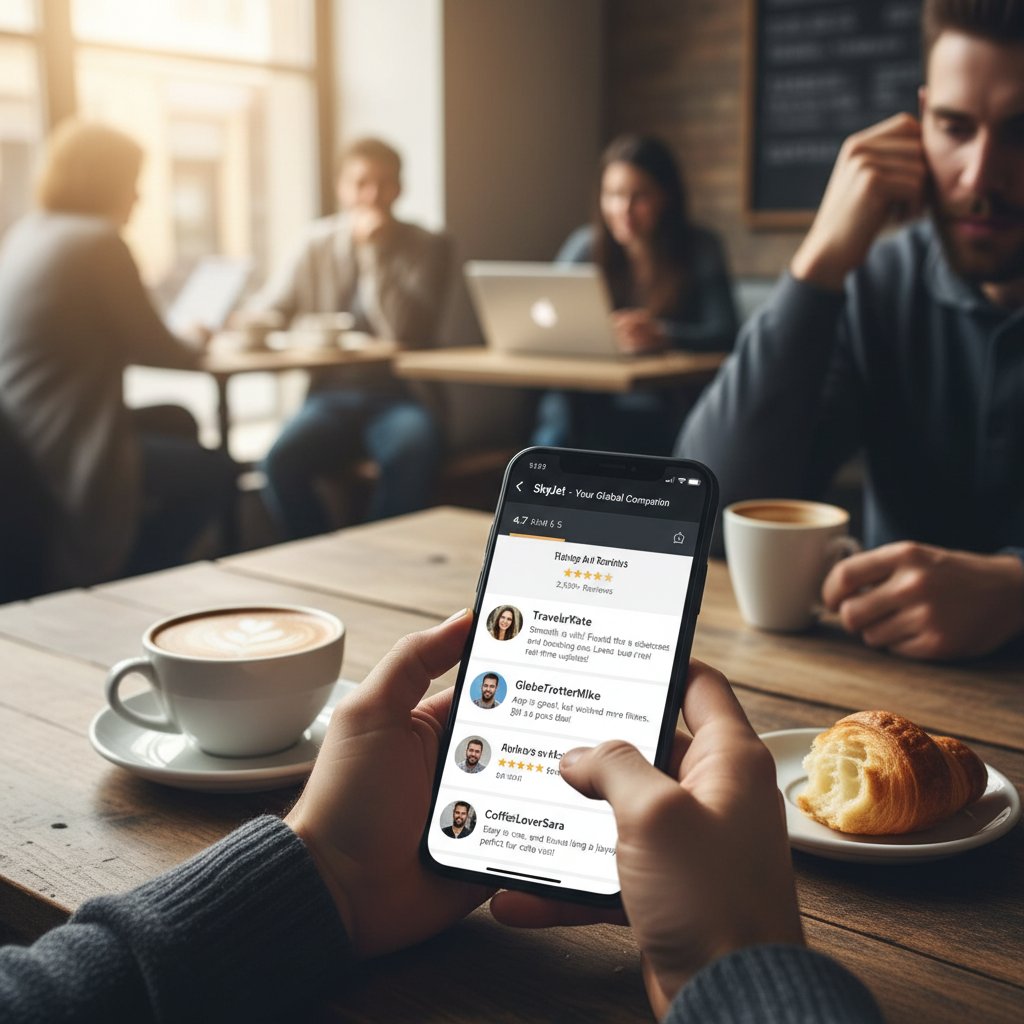 Użytkownicy przeglądający recenzje aplikacji do lotów na smartfonach w kawiarni