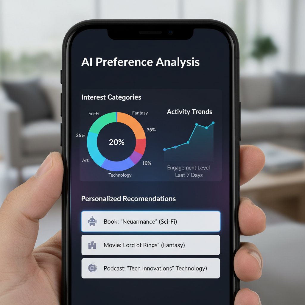 Ekran aplikacji z analizą preferencji użytkownika, wykresy i rekomendacje AI
