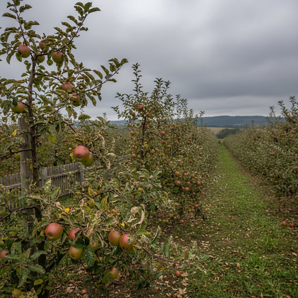 Oliwkowe plamy na jabłkach i liściach, pochmurny dzień w sadzie, Polska