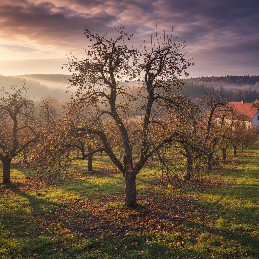 Zdjęcie jabłoni z objawami parcha i deformacją liści, dramatyczne światło, polski sad, emocjonalny klimat