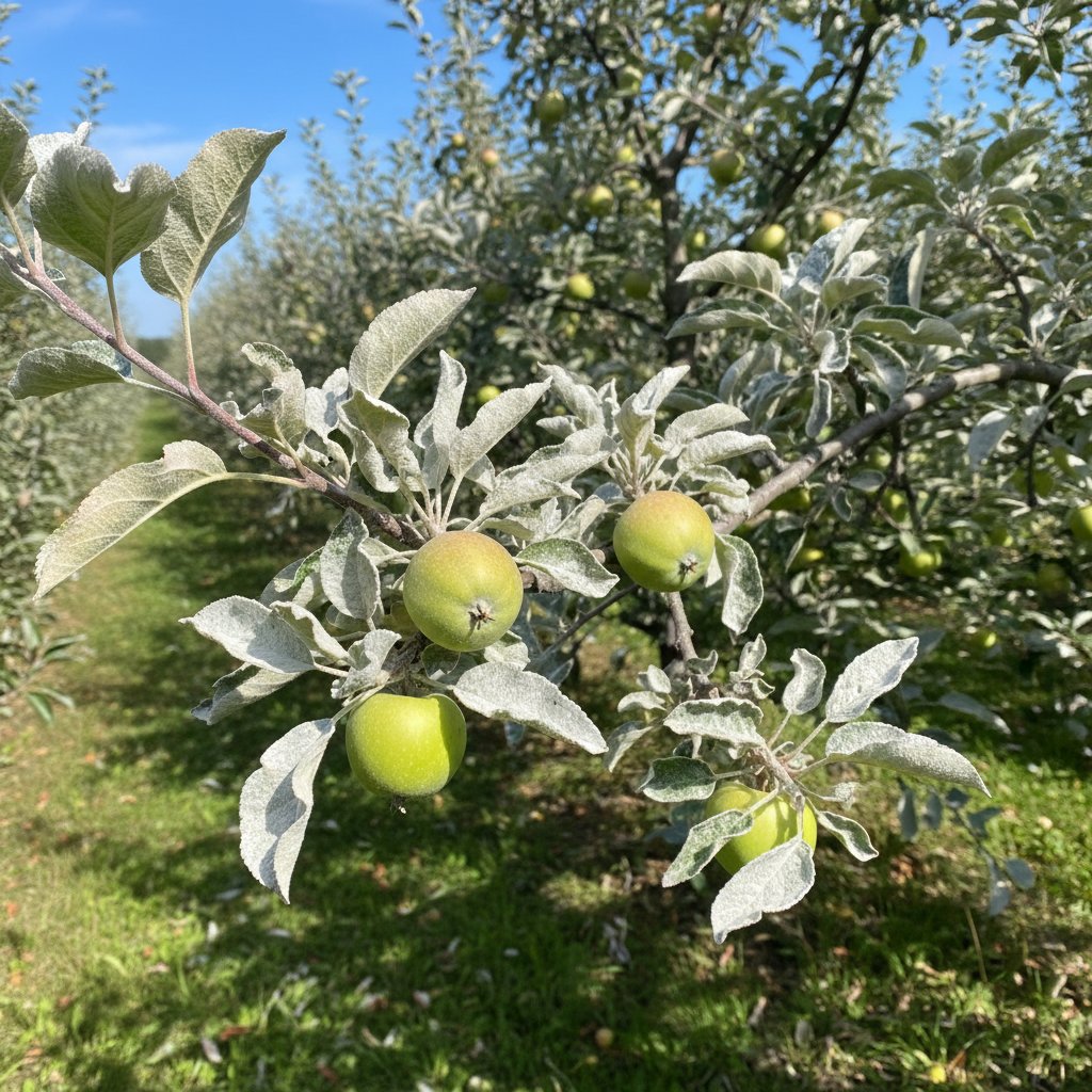 Jabłoń z białym nalotem mączniaka na młodych liściach, słoneczny dzień, Polski sad