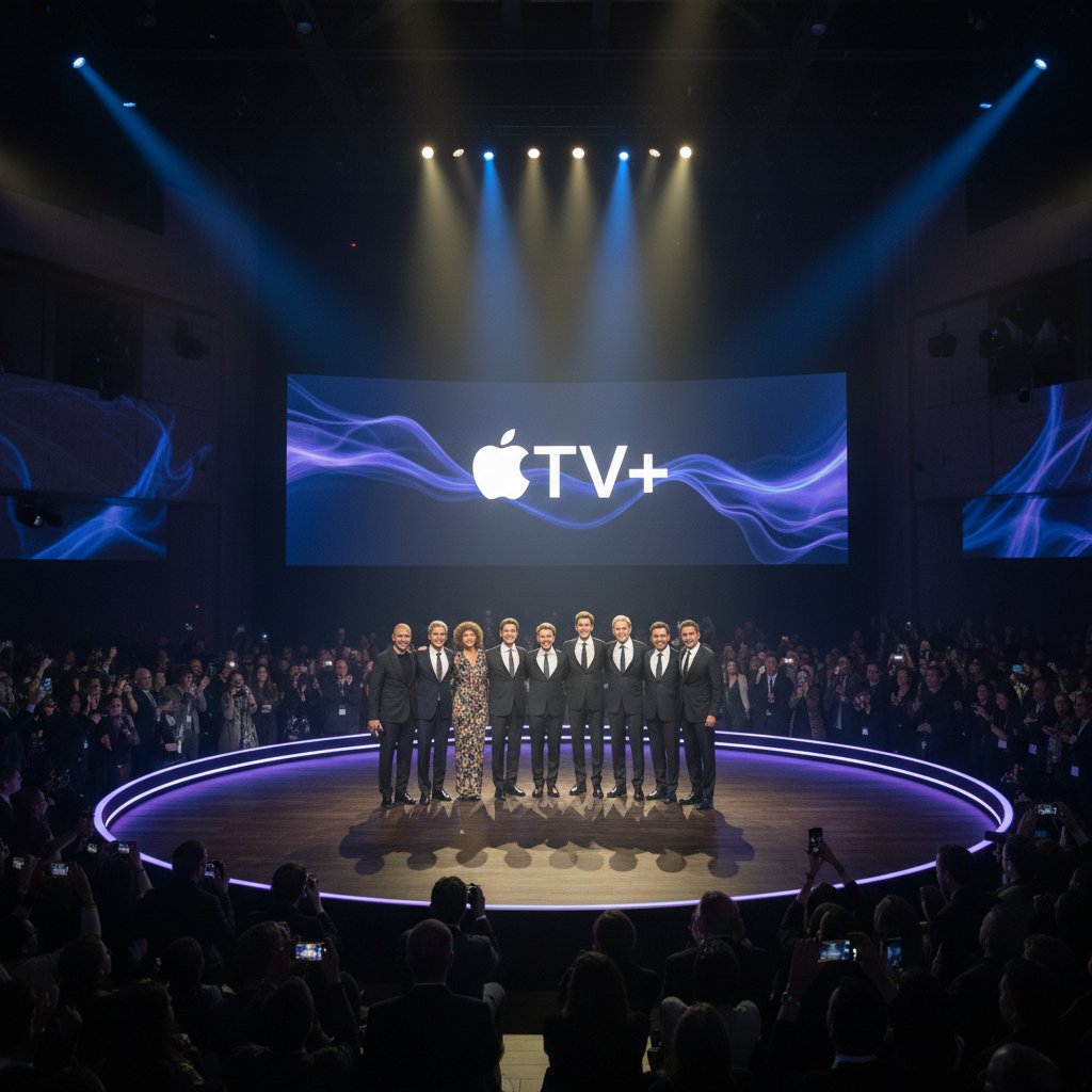 Editorial Apple TV+ launch event with executives and filmmakers under spotlights, moody lighting