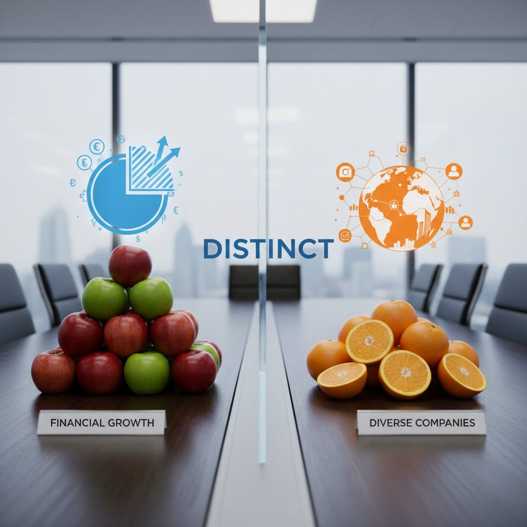Apples and oranges comparison of two companies’ financials, visually distinct to symbolize the dangers of blind benchmarking