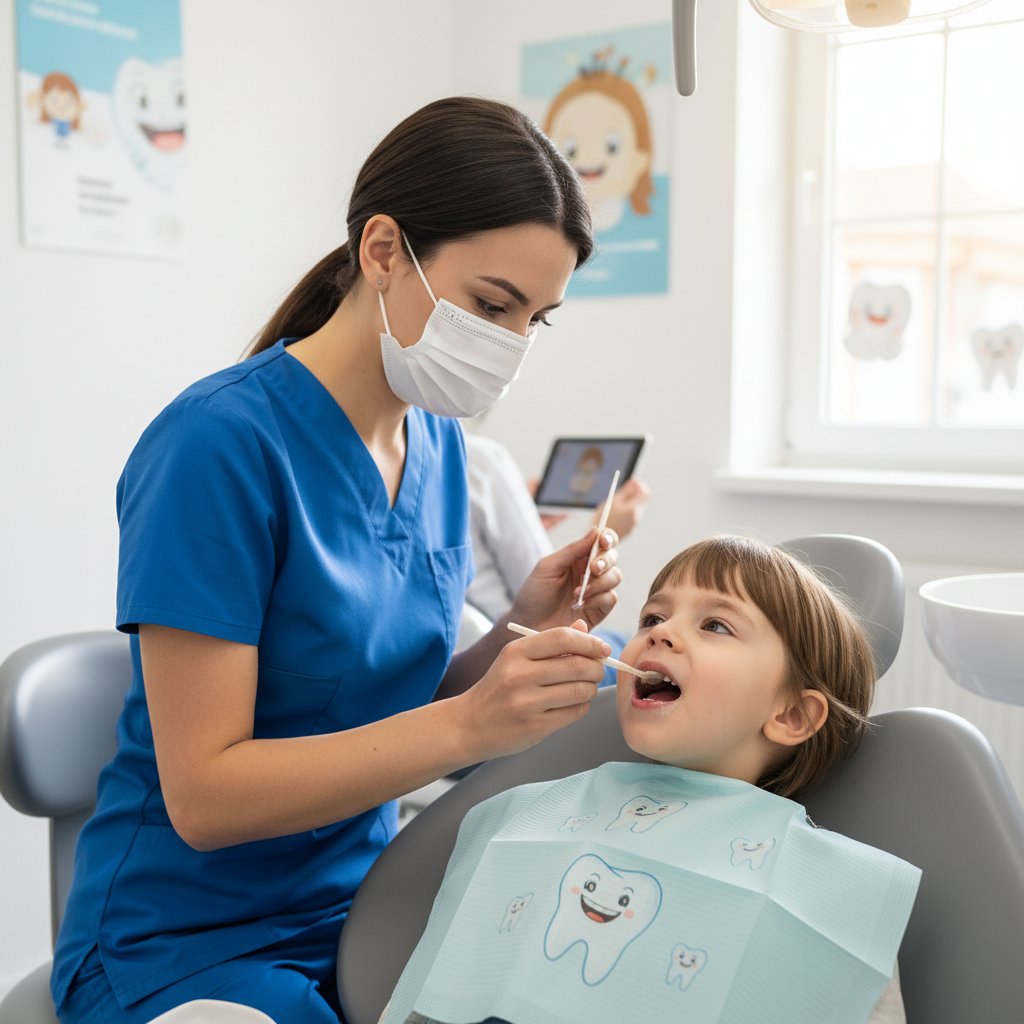 Aplikacja lakieru fluorowego na zęby dziecka przez personel stomatologiczny