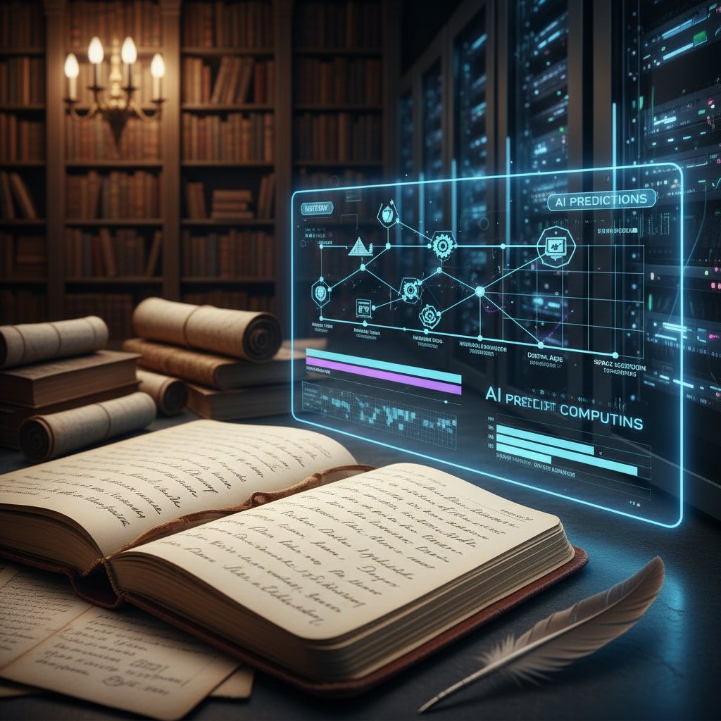 Historical transition from paper appointment book to futuristic AI calendar.