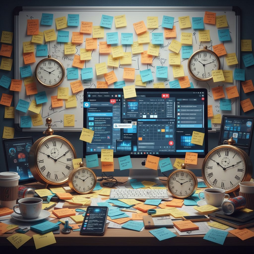 Editorial photo showing scattered sticky notes, digital notifications, and analog clocks as a metaphor for appointment chaos and poor time management