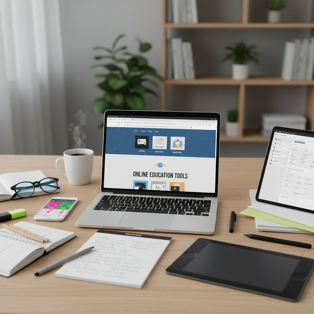 Różne aplikacje edukacyjne na ekranach laptopa i telefonu, nowoczesne narzędzia do nauki pisania, kompozycja online korepetycje