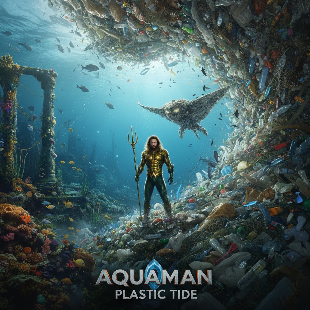Split image—Aquaman movie scene and real-world plastic waste in ocean, stark contrast