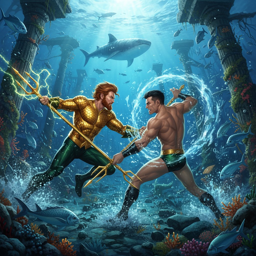 Aquaman and Namor analogues facing off in turbulent waters, cinematic rivalry