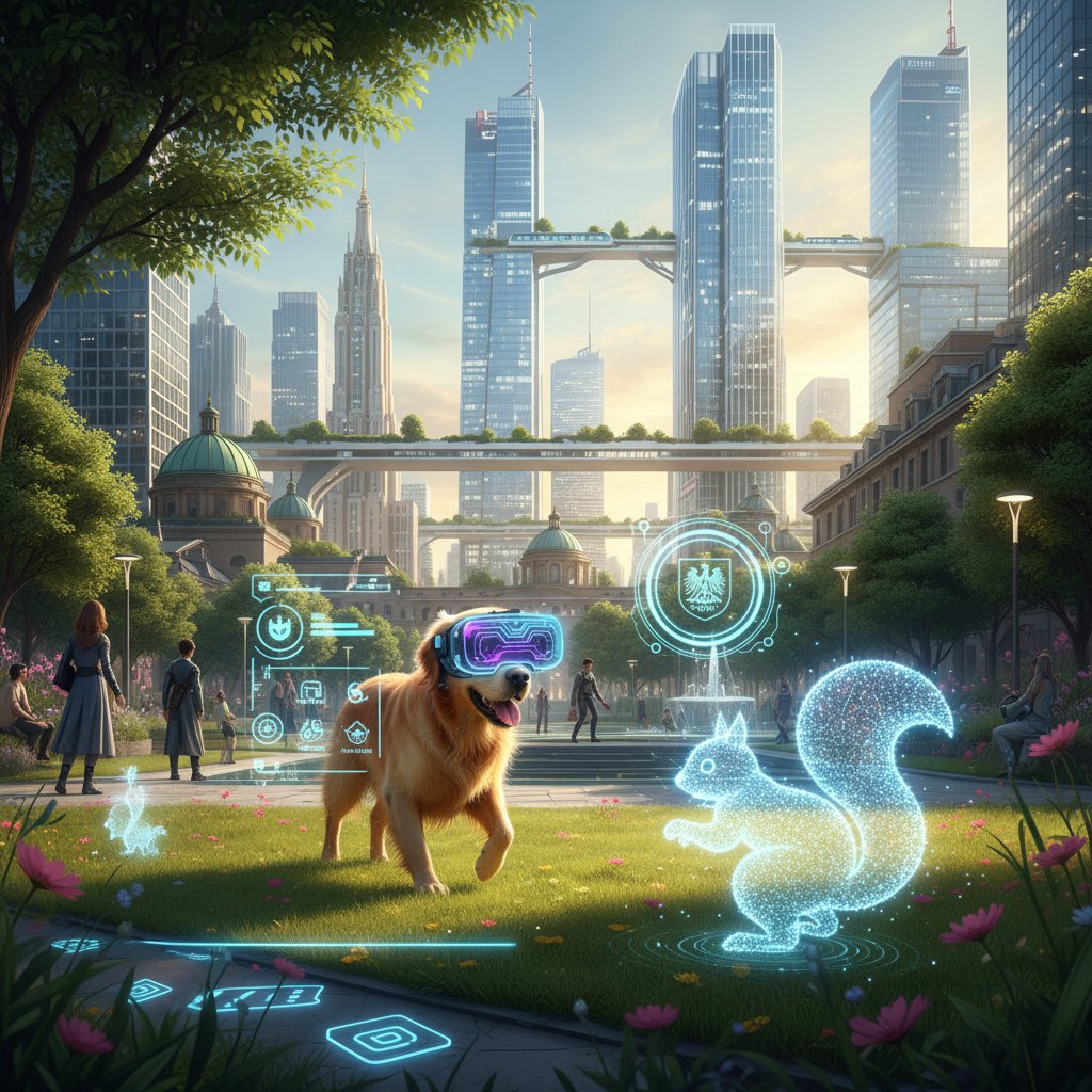 Wirtualny piesek w rozszerzonej rzeczywistości na tle parku w Polsce