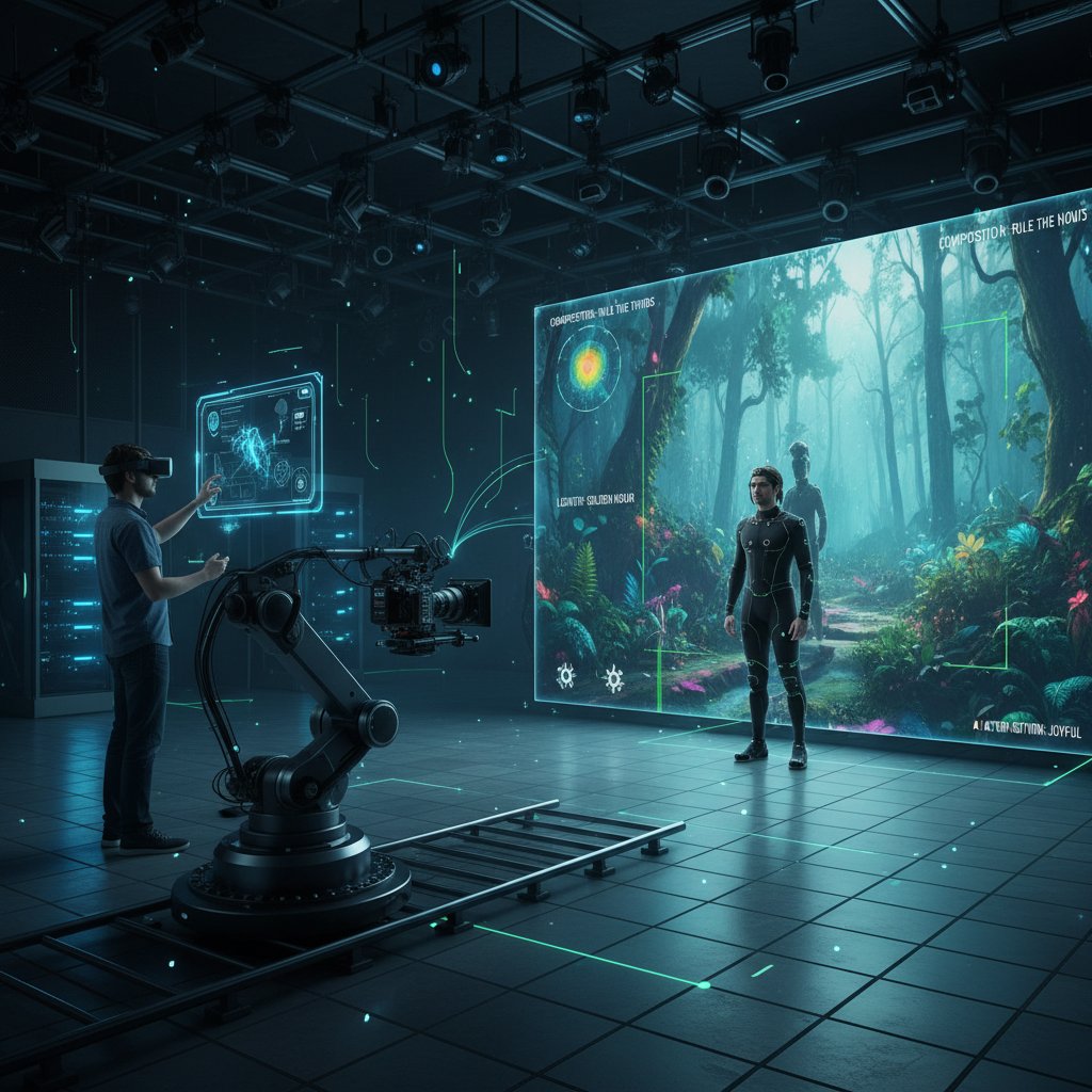 A filmmaker wearing AR glasses, adjusting virtual lighting on a live scene, with AI-generated feedback displayed in real time