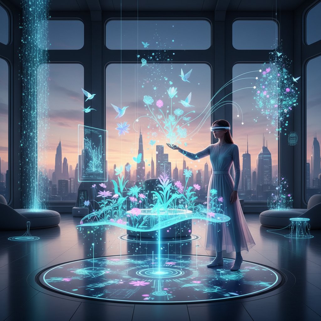 Osoba z okularami AR prezentująca wirtualną wizualizację ogrodu, nowoczesne technologie, jasne tło