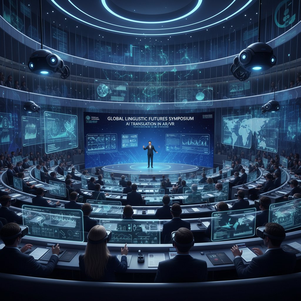 Cutting-edge academic event: People using AR/VR headsets and real-time AI translation screens in a conference hall
