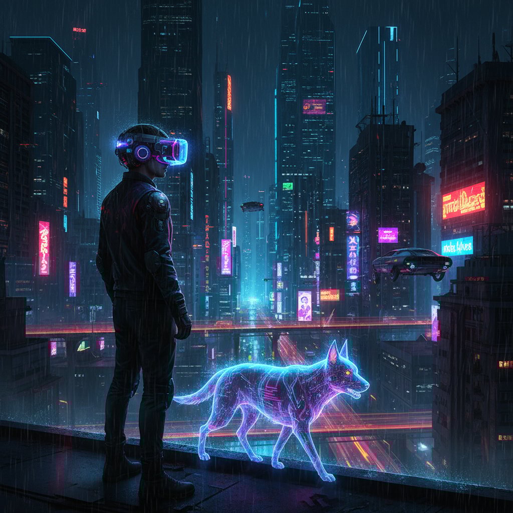 Gracz z zestawem AR/VR i wirtualnym psem na tle neonowego miasta, futurystyczny klimat