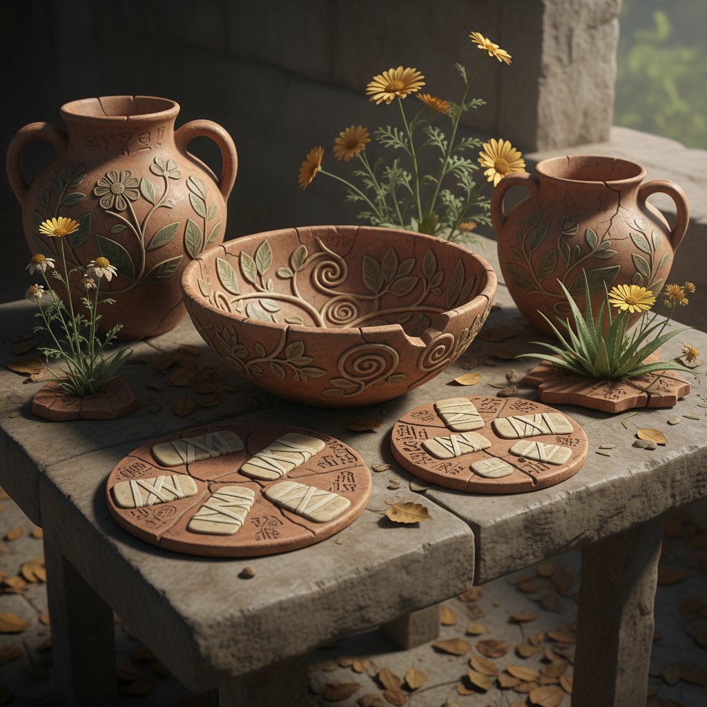 Starożytne opatrunki na rany z ziołami i glinianymi naczyniami.