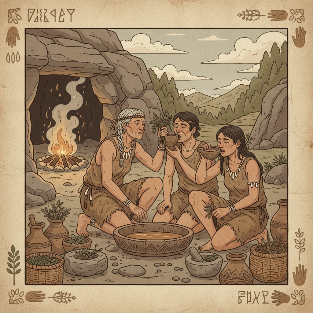 Starożytne płukanie ust ziołami – ilustracja historyczna