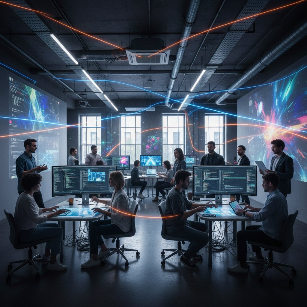 Redukcja czasu projektowania w różnych branżach, collage architektów, devów i projektantów mediów