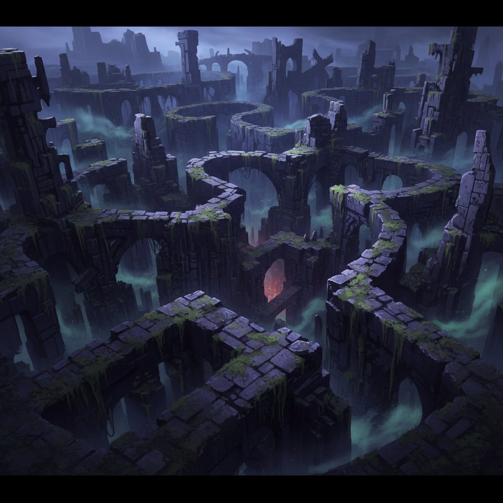 Architectural concept art of labyrinthine stone maze, looming structures, moss and debris, ominous lighting, 16:9