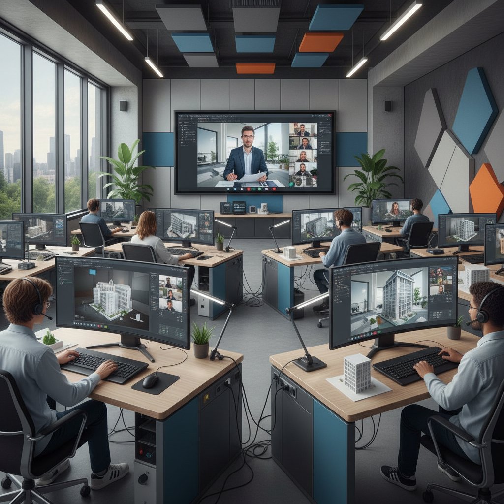 Grupa młodych architektów uczących się online, nowoczesna sala