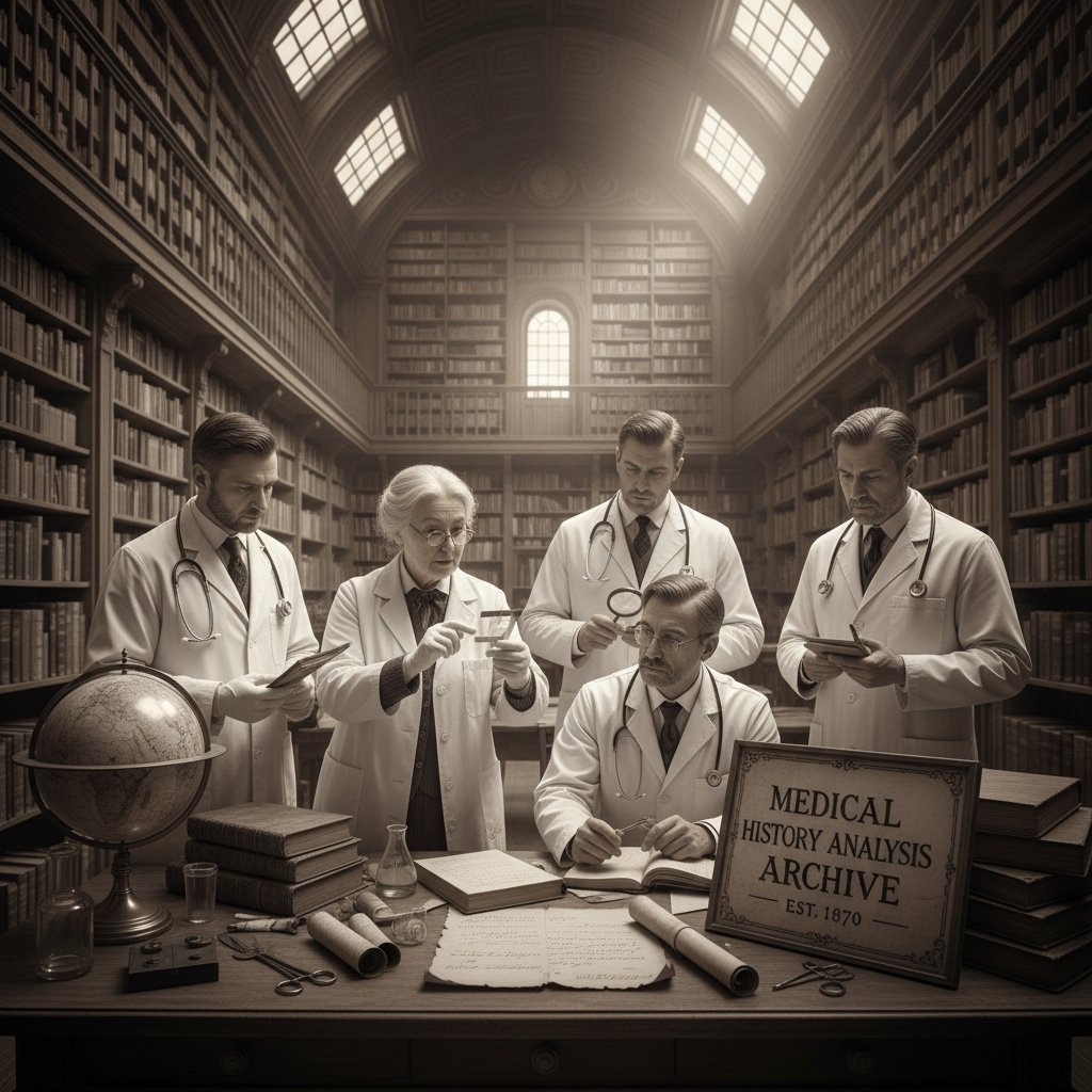 Zdjęcie archiwalne lekarzy analizujących wyniki badań z początku XX wieku