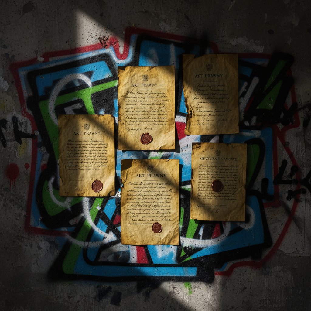 Stare i nowe przepisy prawne w kontrastowym zestawieniu – zdjęcie starych dokumentów prawnych obok nowoczesnych aktów, graffiti i cienie labiryntu